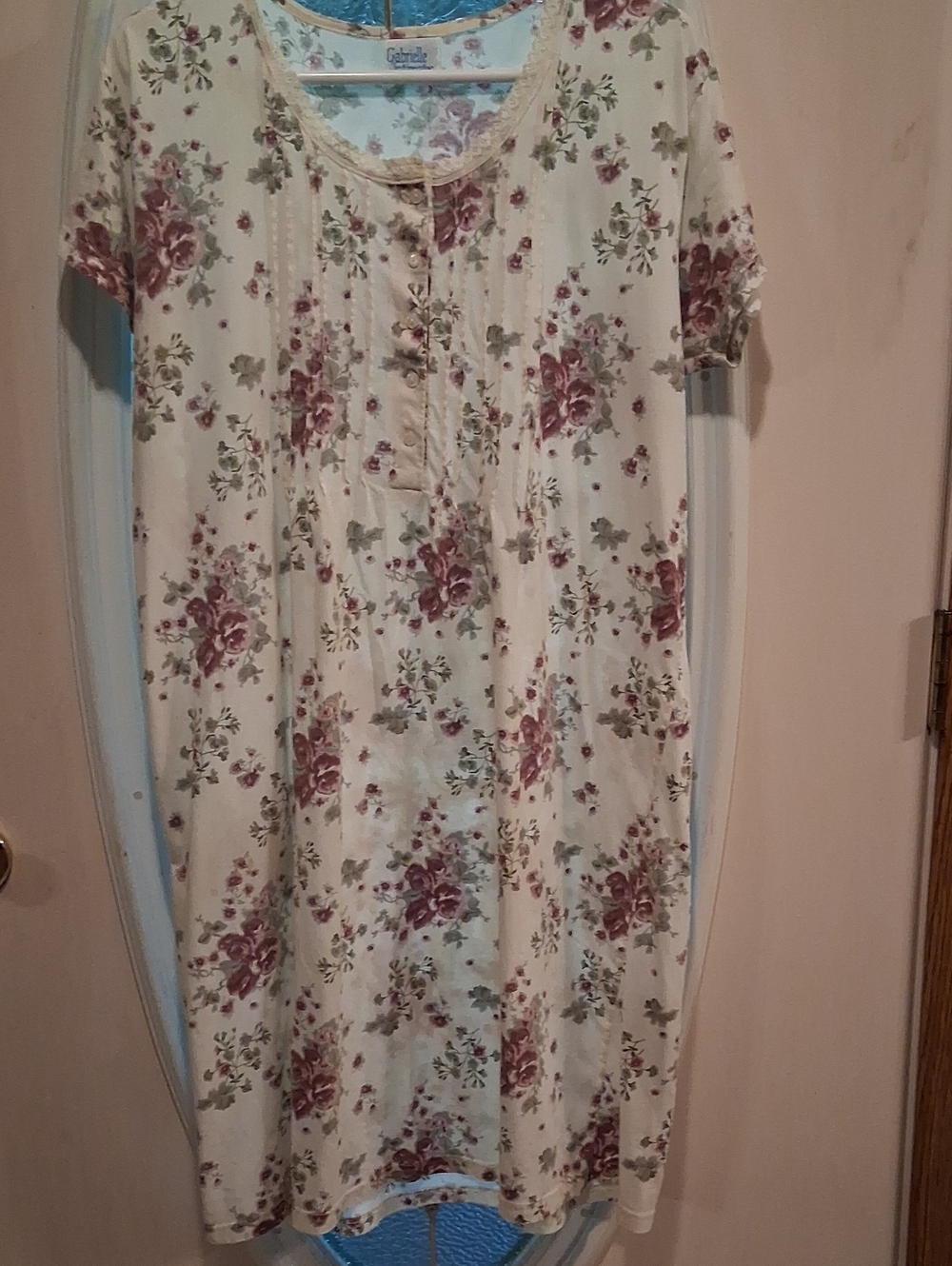 Floral Short-Sleeve Nightgown Chemise in Cream and Rose